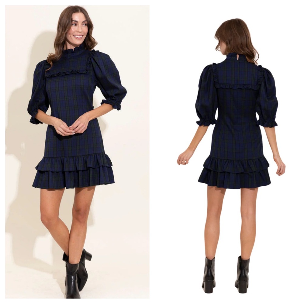 Alden Adair X John Hughes Murphy Mini Dress Puff Sleeve in Tartan Size XS NWT